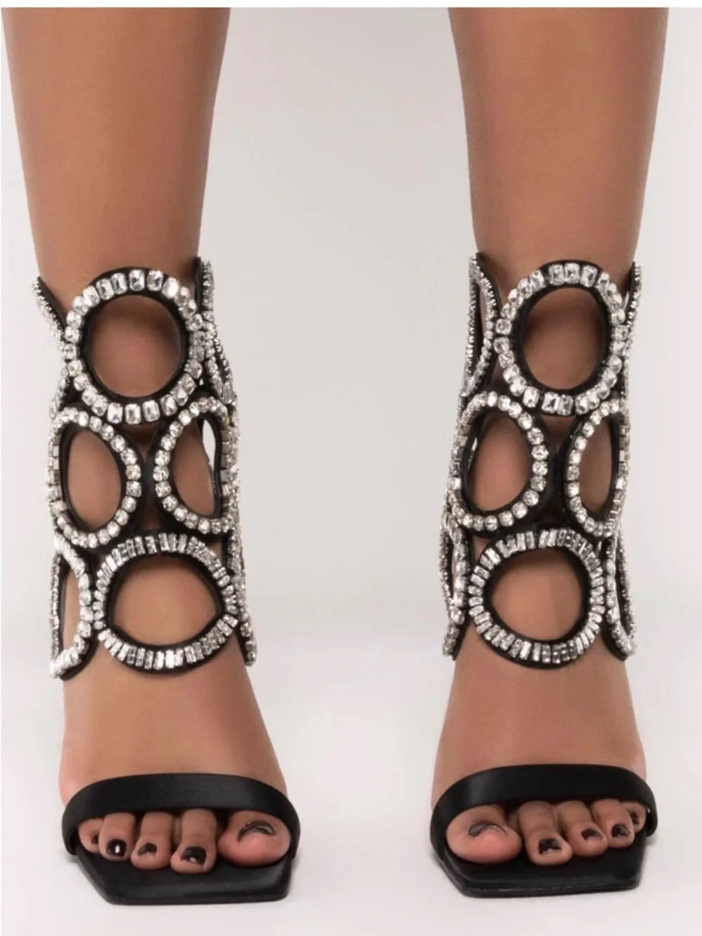 Black Jeweled Open-Circle High Heel Sandals